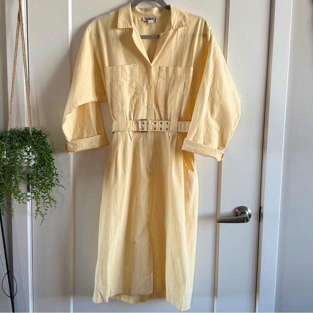 {VINTAGE} Butter Yellow Long Sleeve Belted Dress